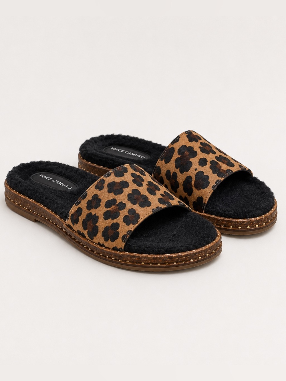 Vince Camuto leopard print Leo haircalf black fur slip on slide sandal 7